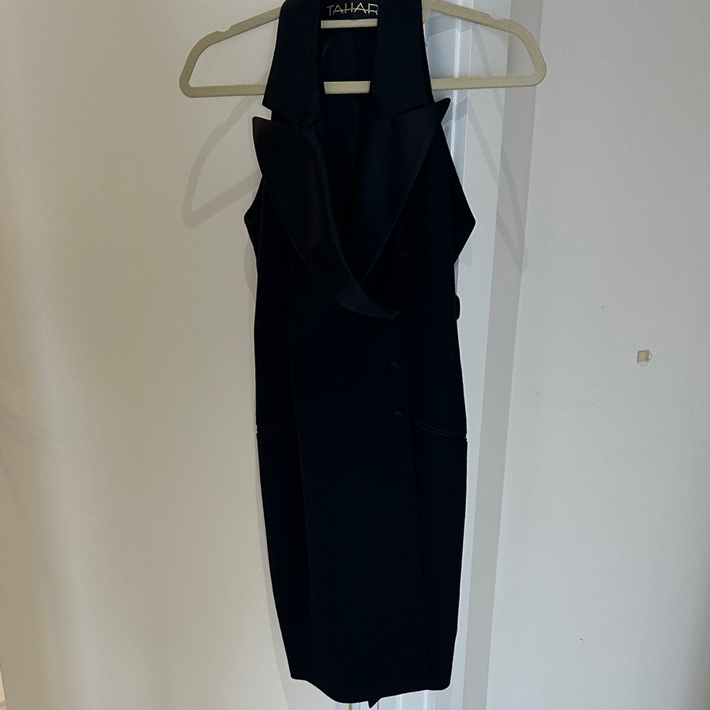 Tahari Women's Elegant Black Halter Tuxedo Dress